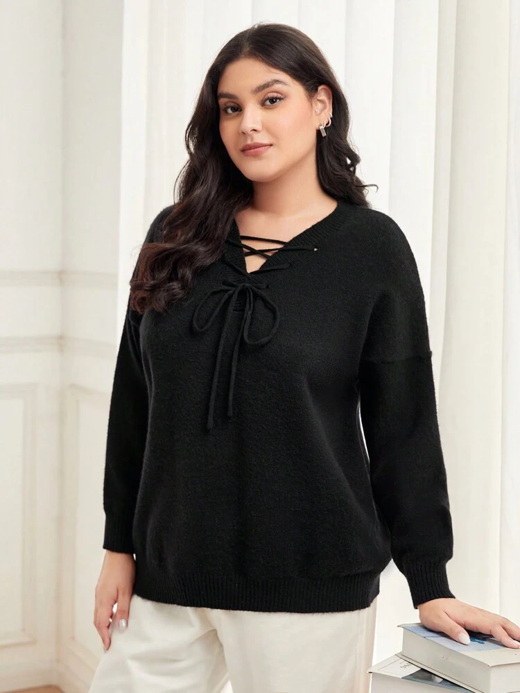 Plus Lace Up Front Drop Shoulder Sweater