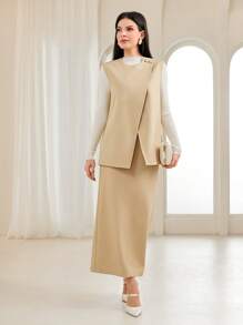 Modelyn Solid Tank Top & Split Back Skirt - Mustard Yellow - View 3