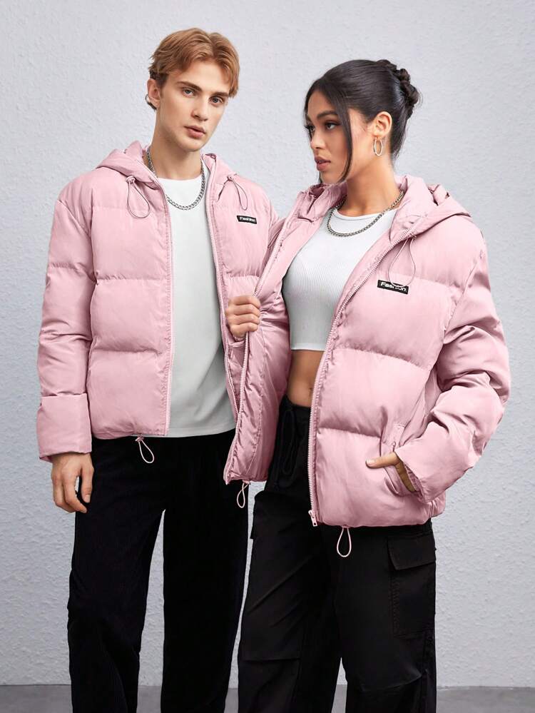 1pc Loose Fit Hooded Padded Coat With Letter Patchwork Detail And Drawstring Hem, For Fall Winter