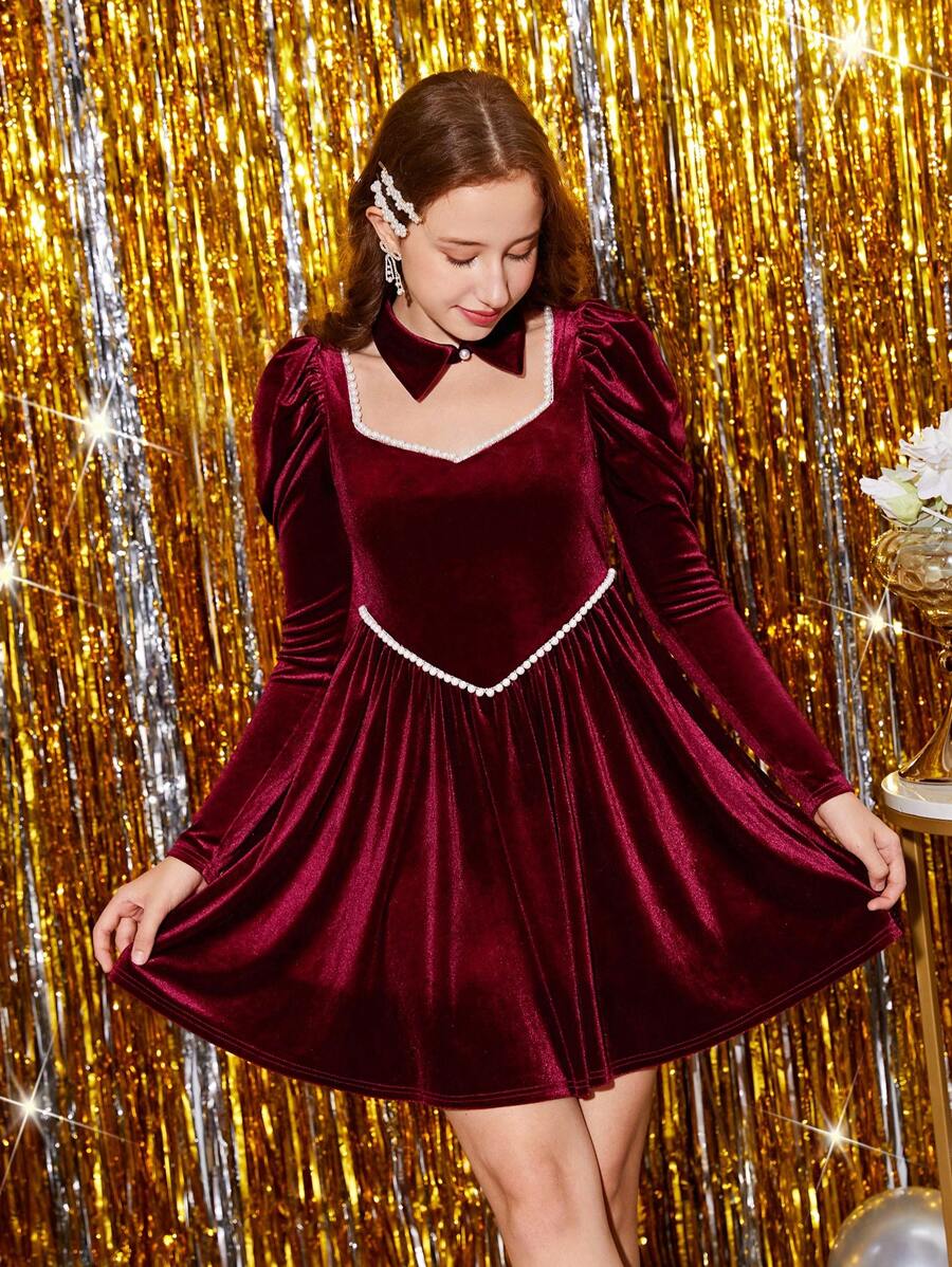 青少年女孩水鑽細節羊腿袖洋裝帶蝴蝶結適用於聖誕 - 酒紅色 - 查看 1