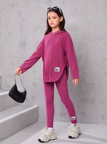 SHEIN Leap Crew Tween Girl Letter Patched Drop Shoulder Hooded Tee & Leggings - Hot Pink - View 3