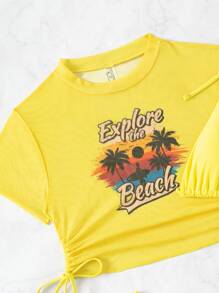 SHEIN Swim Summer Beach Letter Graphic Drawstring Side Bikini Set With Cover Up - Yellow - View 6