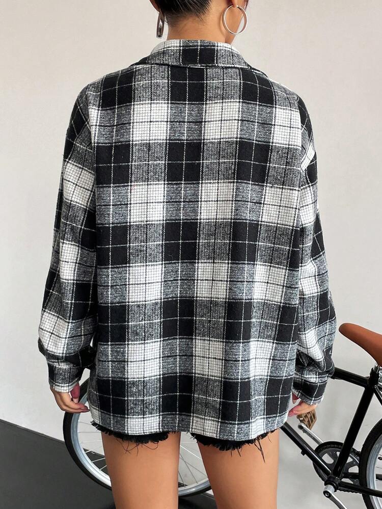 Plaid & Letter Graphic Drop Shoulder Button Front Coat Fall Cloth For Women