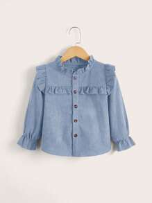 SHEIN 女小童荷葉邊喇叭袖燈芯絨襯衫