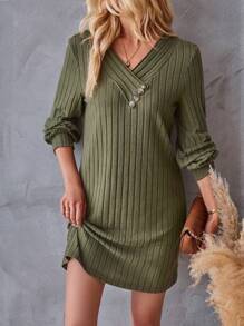 EMERY ROSE Button Detail Ribbed Knit Dress Fall Cloth For Women - Army Green - View 4