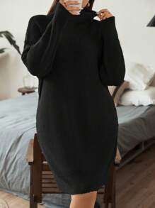 Flirla Hơn Áo cao cổ Thả vai Đầm Áo len - màu đen - Xem 7