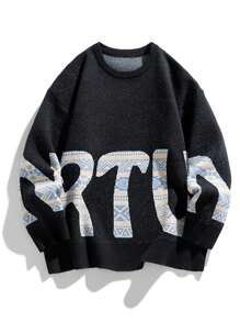 男士字母圖案落肩袖套頭毛衣