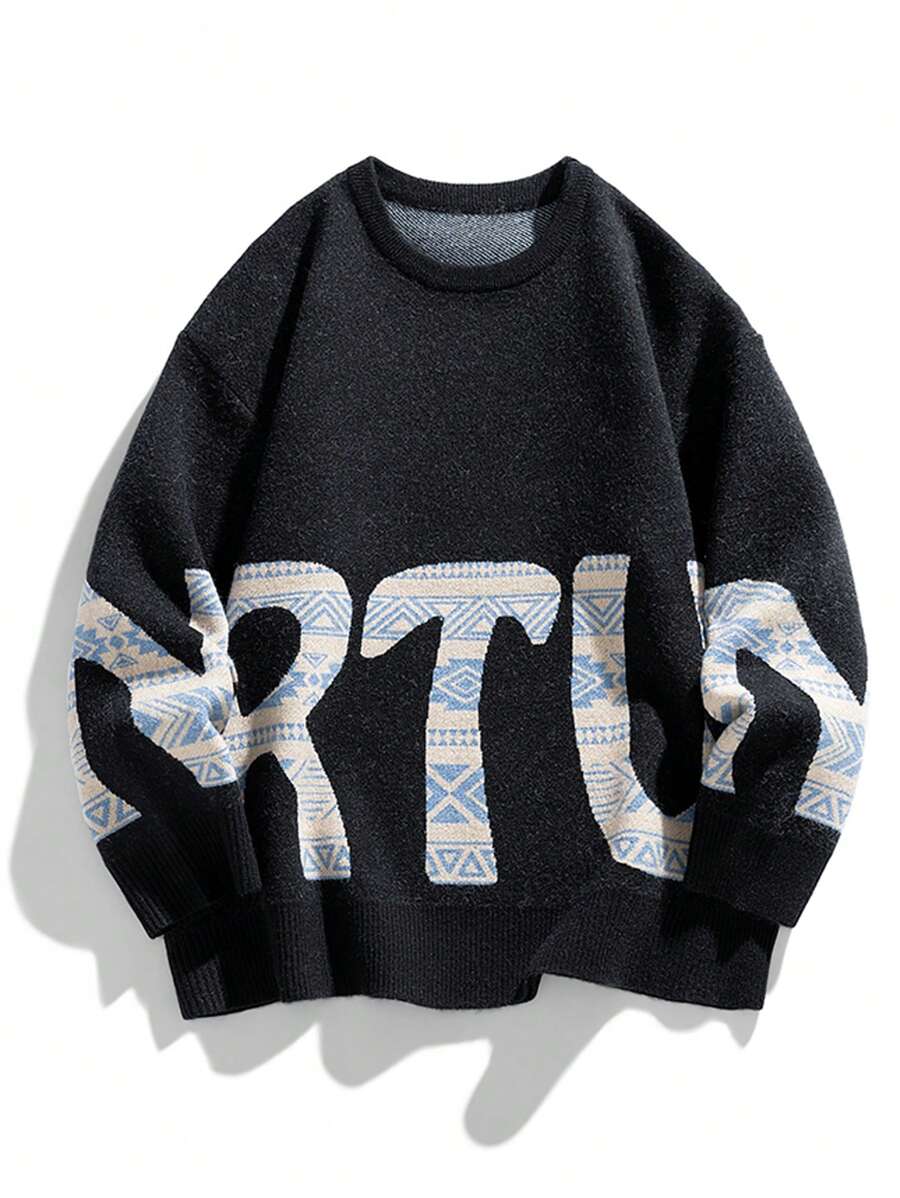 男士字母圖案落肩袖套頭毛衣