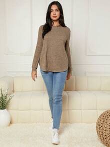 SHEIN 孕婦素色哺乳T恤 - 棕色 - 查看 5