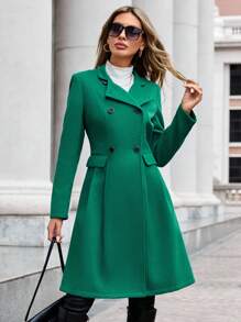 SHEIN Clasi 西裝領雙排釦花呢外套 - 綠色 - 查看 3