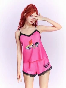 The Powerpuff Girls | ROMWE Đồ họa Hoạt hình Ren tương phản Bộ Áo Cami & Quần shorts PJ - Hồng - Xem 1