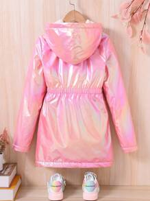 SHEIN Tween Girl Holographic Teddy Lined Hooded Coat - Pink - View 2