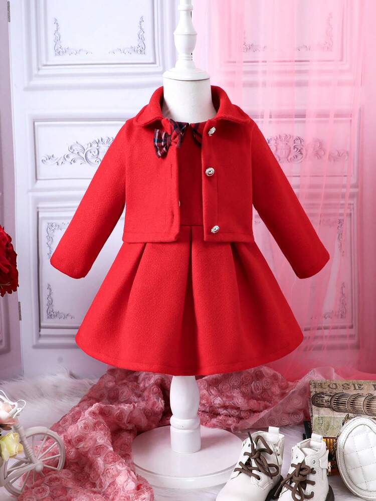 Baby Girl Solid Jacket & Bow Front Fold Pleated Detail Dress