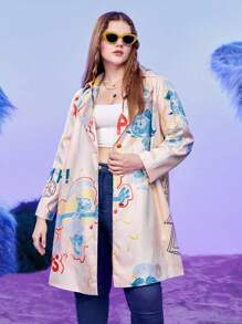 SHEIN X The Smurfs Plus Cartoon Graphic Lapel Neck Coat - Apricot - View 1