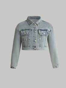 Tween Girl Flap Detail Denim Jacket - Light Wash - View 1