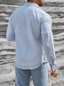 Manfinity Homme Men Striped Print Pocket Patched Shirt - Blue - View 2
