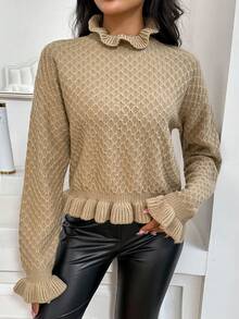 SHEIN Privé Ruffle Trim Drop Shoulder Sweater - Beige - View 4