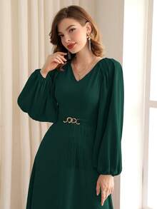 Modelyn Tay áo lồng đèn Viền rìa Váy có thắt lưng - Màu xanh lá cây đậm - Xem 3