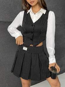 SHEIN EZwear In sọc Nút phía trước Áo khoác Vest & Chân Váy xếp ly - màu đen - Xem 5