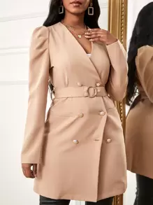SHEIN Clasi 泡泡袖雙排釦腰帶外套 - 杏色 - 查看 1