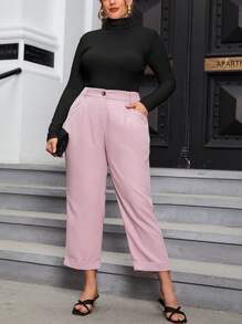 SHEIN Essnce Plus Plicated Detail Cuffed Hem Pants - Pink - View 1