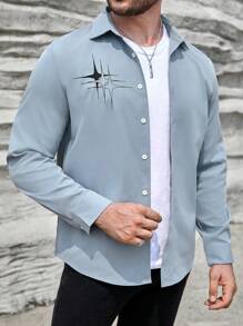 Manfinity Homme Loose Men's Graphic Print Button Front Shirt - Blue - View 7