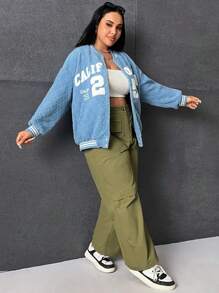 SHEIN EZwear Plus Letter Pattern Striped Trim Drop Shoulder Teddy Jacket - Mint Blue - View 4