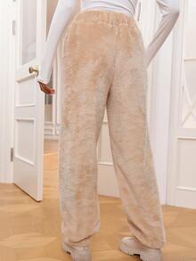 SHEIN Essnce Solid Fluffy Pants - Khaki - View 2