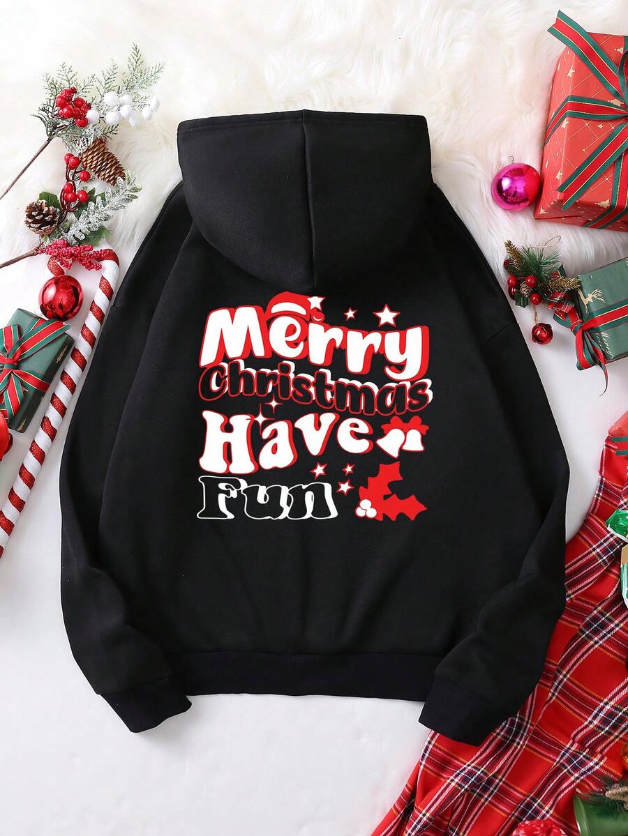 SHEIN EZwear Áo nỉ giữ nhiệt cỡ lớn in họa tiết Giáng sinh, có túi kangaroo và dây rút, lót lông. - màu đen - Xem 1