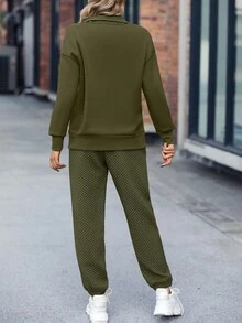 SHEIN LUNE Kangaroo Pocket Drop Shoulder Sweatshirt & Sweatpants - Army Green - View 2