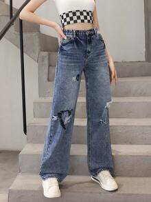 Teen Girl Embroidery Heart Pattern Ripped Straight Leg Jeans - Dark Wash - View 4