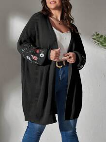 SHEIN CURVE+ Plus Size Floral Embroidery Drop Shoulder Cardigan - Black - View 4