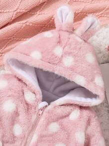 SHEIN Đứa bé gái In vết tròn Polka Thỏ Đã vá Thiết kế tai 3D áo có mũ Lông cừu áo - Hồng - Xem 6