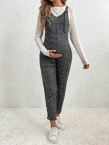 SHEIN Maternity Marled Knit Overalls Without Tee - Dark Grey - View 3