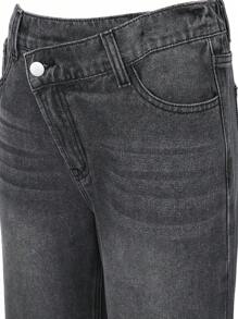 SHEIN 青少年女孩不對稱腰直筒牛仔褲 - 深灰色 - 查看 3