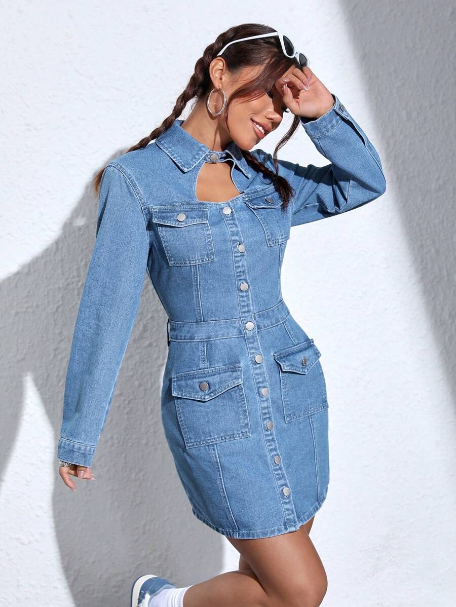 SHEIN EZwear Flap Pocket Button Front Denim Dress - Medium Wash - View 1