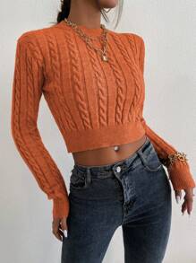 Chiquease Cable Knit Crop Knit Pullover Fall Winter Sweater - Rust Brown - View 3
