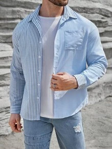 Manfinity Homme Men Striped Print Pocket Patched Shirt - Blue - View 1