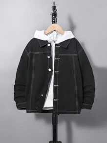 Tween Boy Top-stitching Drop Shoulder Denim Jacket Without Hoodie - Black - View 1