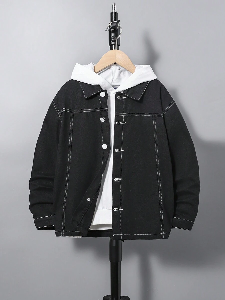 Tween Boy Top-stitching Drop Shoulder Denim Jacket Without Hoodie - Black - View 1