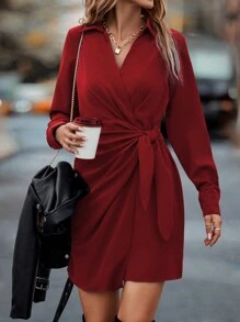 Chiquease 素色圍裹側打結襯衫洋裝 - 酒紅色 - 查看 3