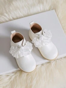 女童秋冬新款韓式英倫花卉時尚摩托車靴,甜美可愛的白色休閒踝靴 - 白色 - 查看 5