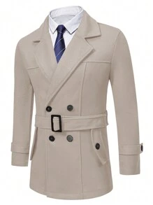 Manfinity Homme 男士1入組雙排釦金屬扣環腰帶花呢外套 - 杏色 - 查看 2