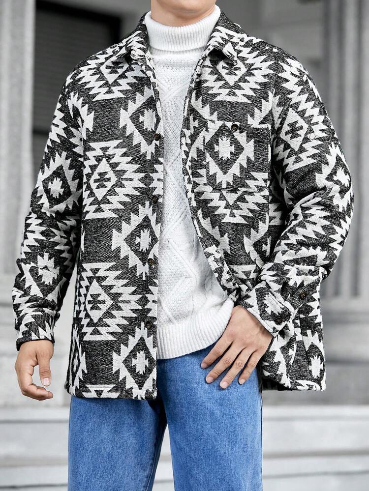 Oversized Geo Print Long Sleeve Casual Men's Overcoat, For Fall Winter