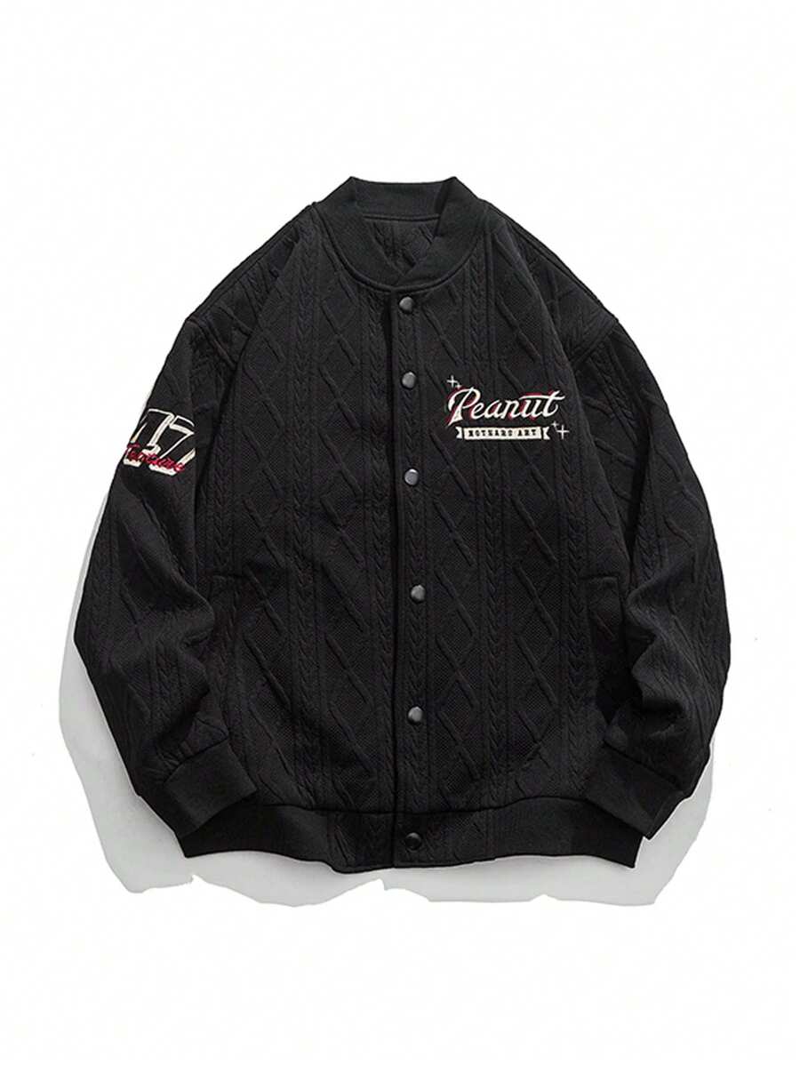 Men Letter Embroidery Quilted Bomber Jacket - Black - View 1