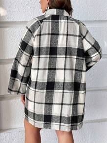 SHEIN LUNE Plus Plaid Double Breasted Raglan Sleeve Overcoat - Black and White - View 2