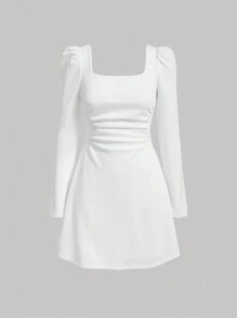 SHEIN MOD 方領抽褶細節洋裝 - 白色 - 查看 1