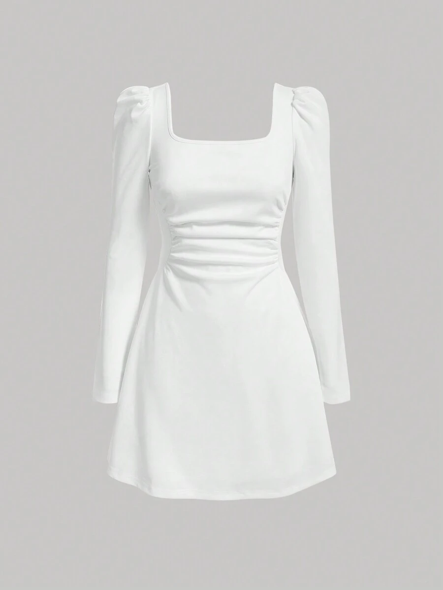 SHEIN MOD 方領抽褶細節洋裝 - 白色 - 查看 1