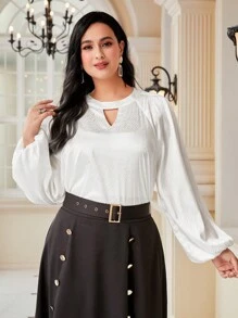 Modelyn Plus Keyhole Neckline Lantern Sleeve Blouse - White - View 4