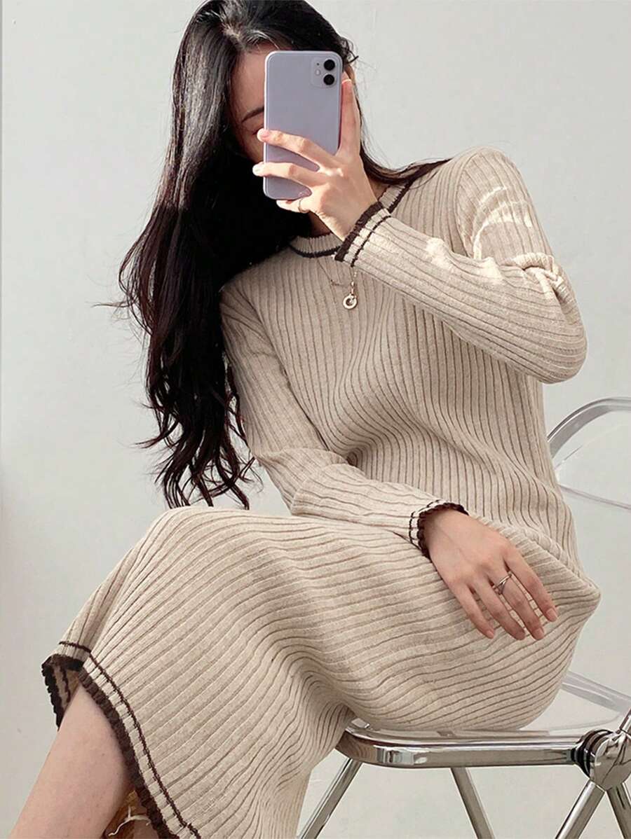 DAZY Contrast Trim Ribbed Knit Sweater Dress - Khaki - View 1